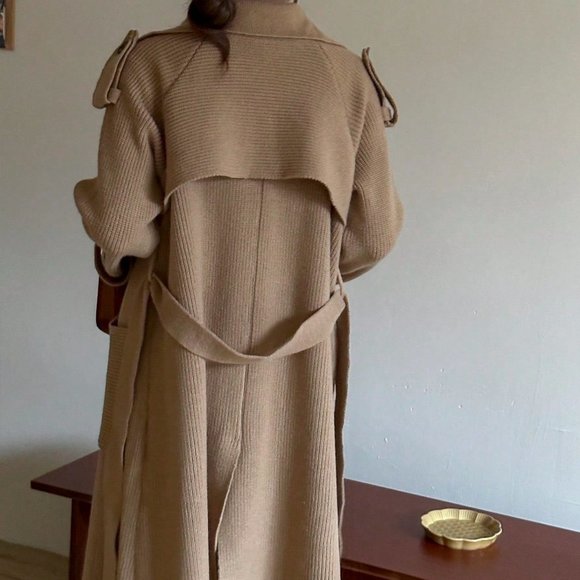 chic Double Breasted Belted Longline Cardigan Trench Coat Brown - Picture 2 of 4